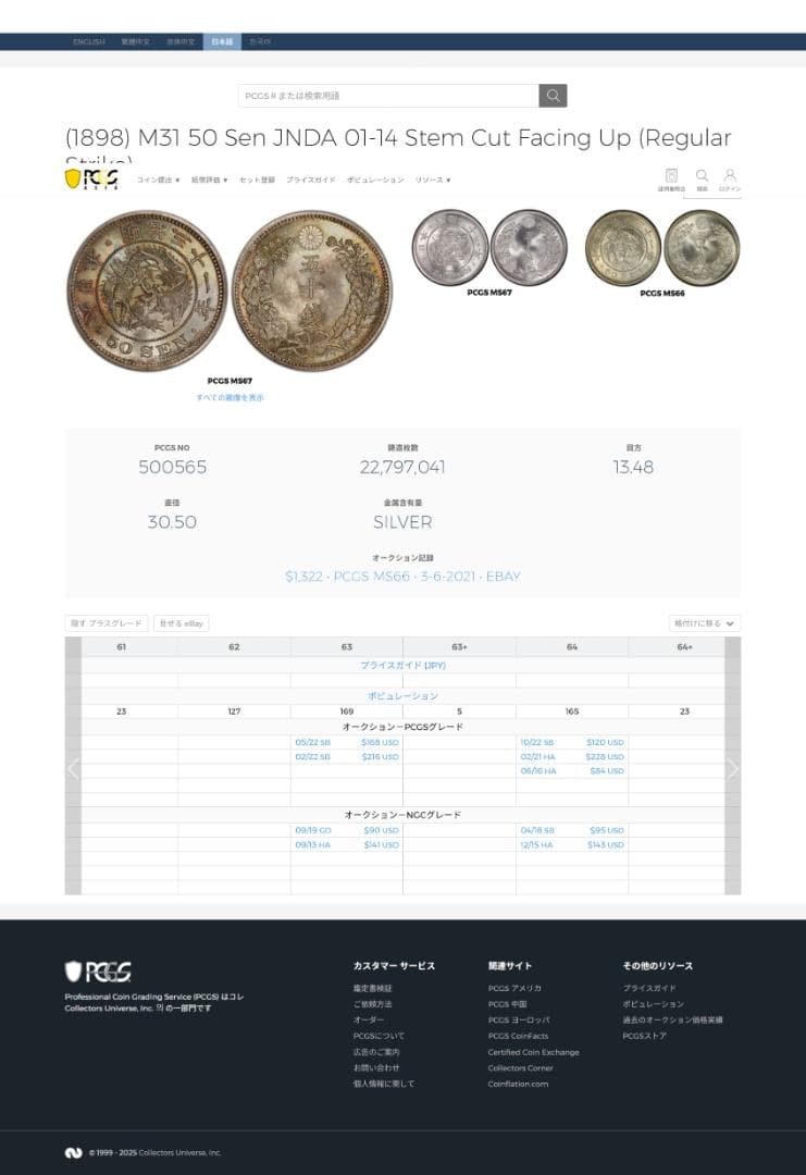 美品　 PCGS-MS63 竜五十銭銀貨 明治31年（1898）上切り
