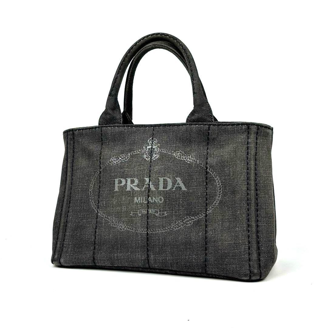 【美品】プラダ　カナパ　ハンドバッグ　三角ロゴ　ゴールド金具　デニム　グレー