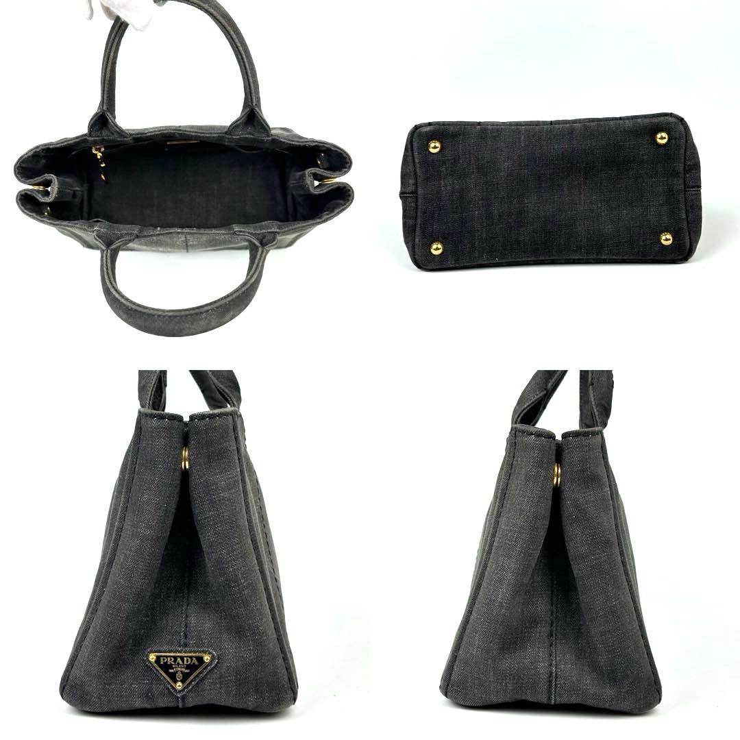 【美品】プラダ　カナパ　ハンドバッグ　三角ロゴ　ゴールド金具　デニム　グレー