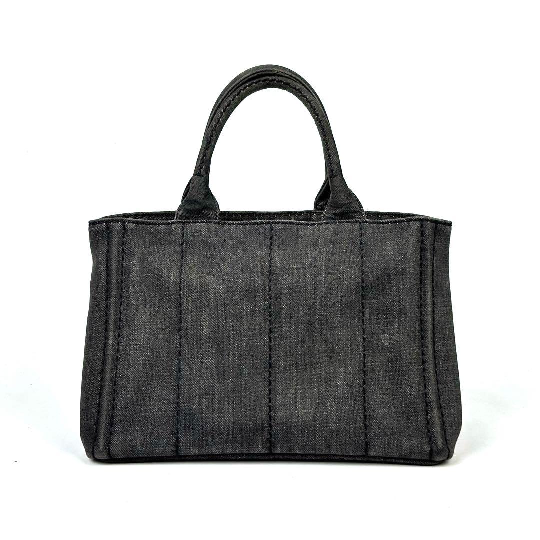 【美品】プラダ　カナパ　ハンドバッグ　三角ロゴ　ゴールド金具　デニム　グレー