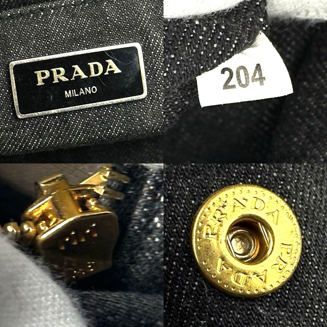【美品】プラダ　カナパ　ハンドバッグ　三角ロゴ　ゴールド金具　デニム　グレー