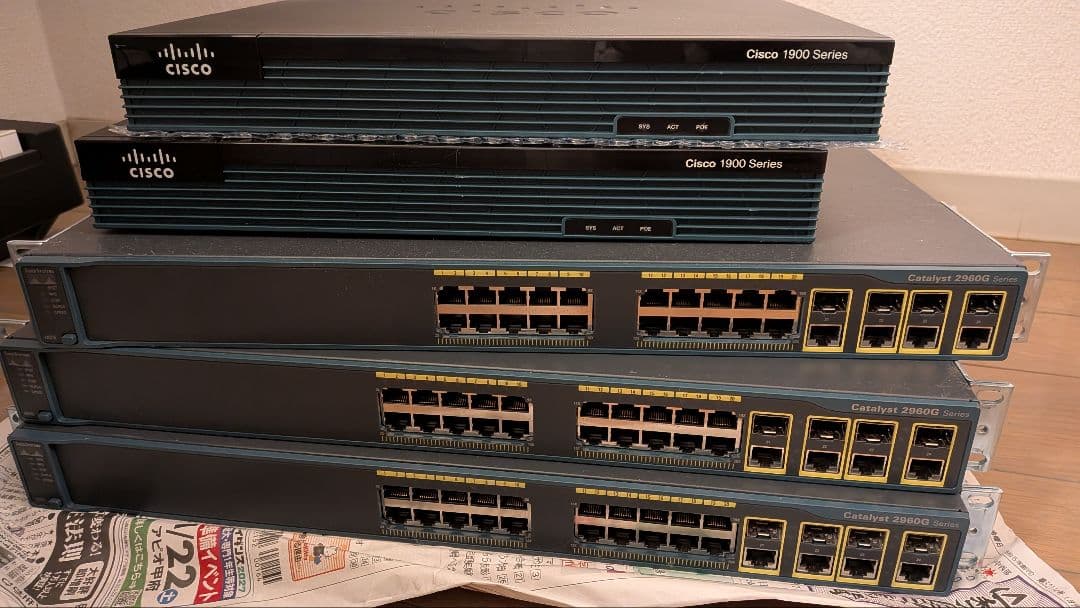 CCNA学習用　Cisco 1900シリーズ 2960Gシリーズ 5台とケーブル