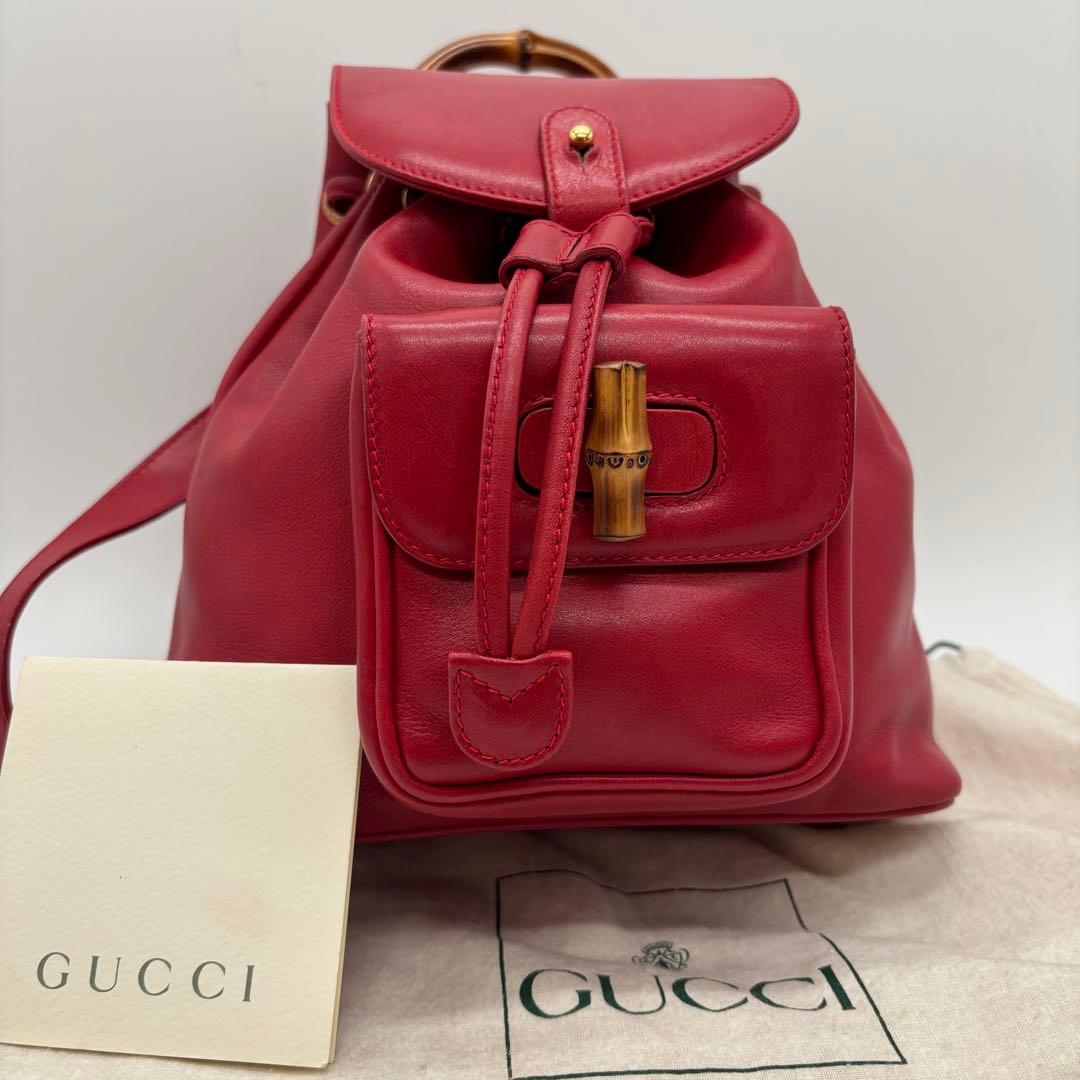 激レア美品 ✨ GUCCI リュック カーフレザー 赤 バンブー