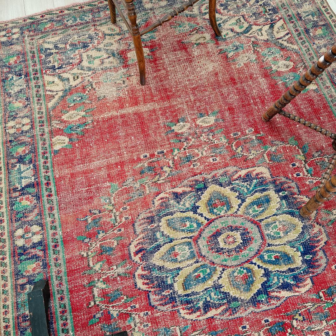 トルコ ヴィンテージラグ A89 超大判 レア レッド ターコイズ ネイビー