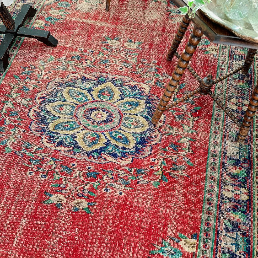 トルコ ヴィンテージラグ A89 超大判 レア レッド ターコイズ ネイビー