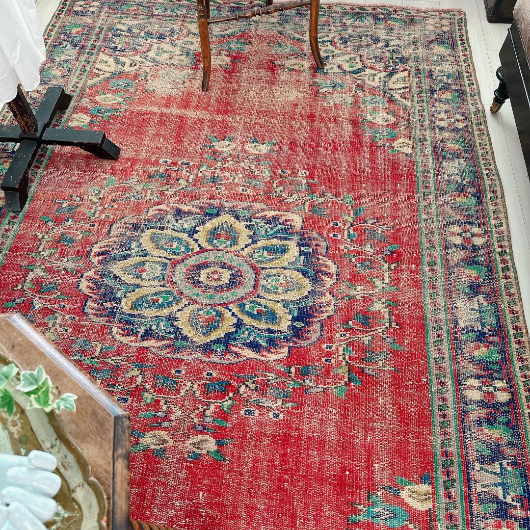 トルコ ヴィンテージラグ A89 超大判 レア レッド ターコイズ ネイビー