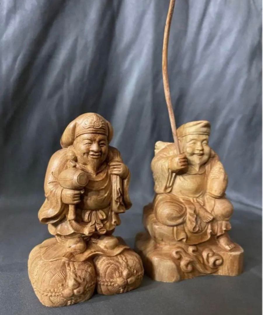 極上品　仏教工芸品　一刀彫　総ケヤキ材　福神　恵比寿　大黒
