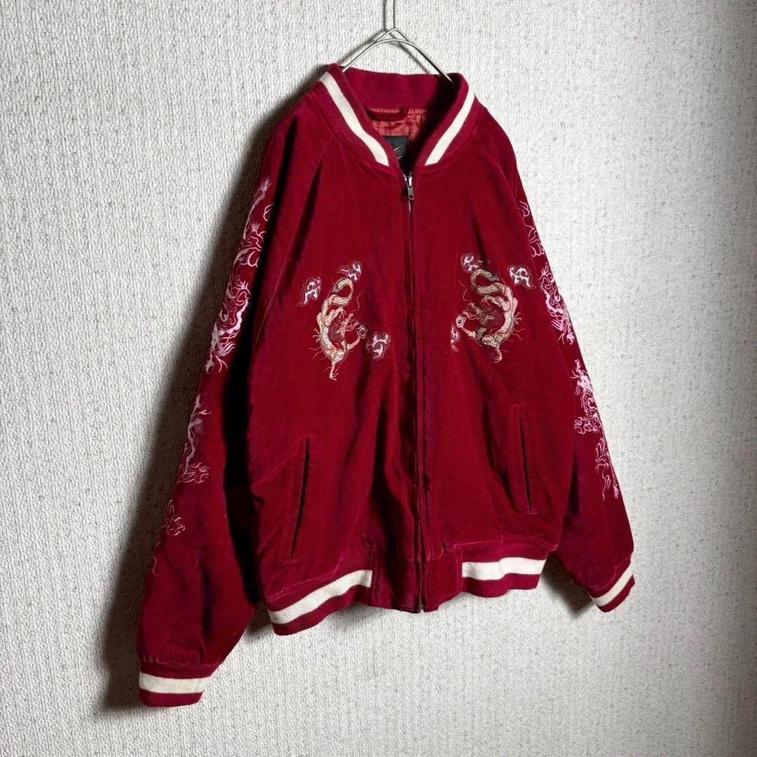 スカジャン　ベロア　別珍　袖刺繍　派手　Y2K 龍　キルティング　豪華刺繍　M