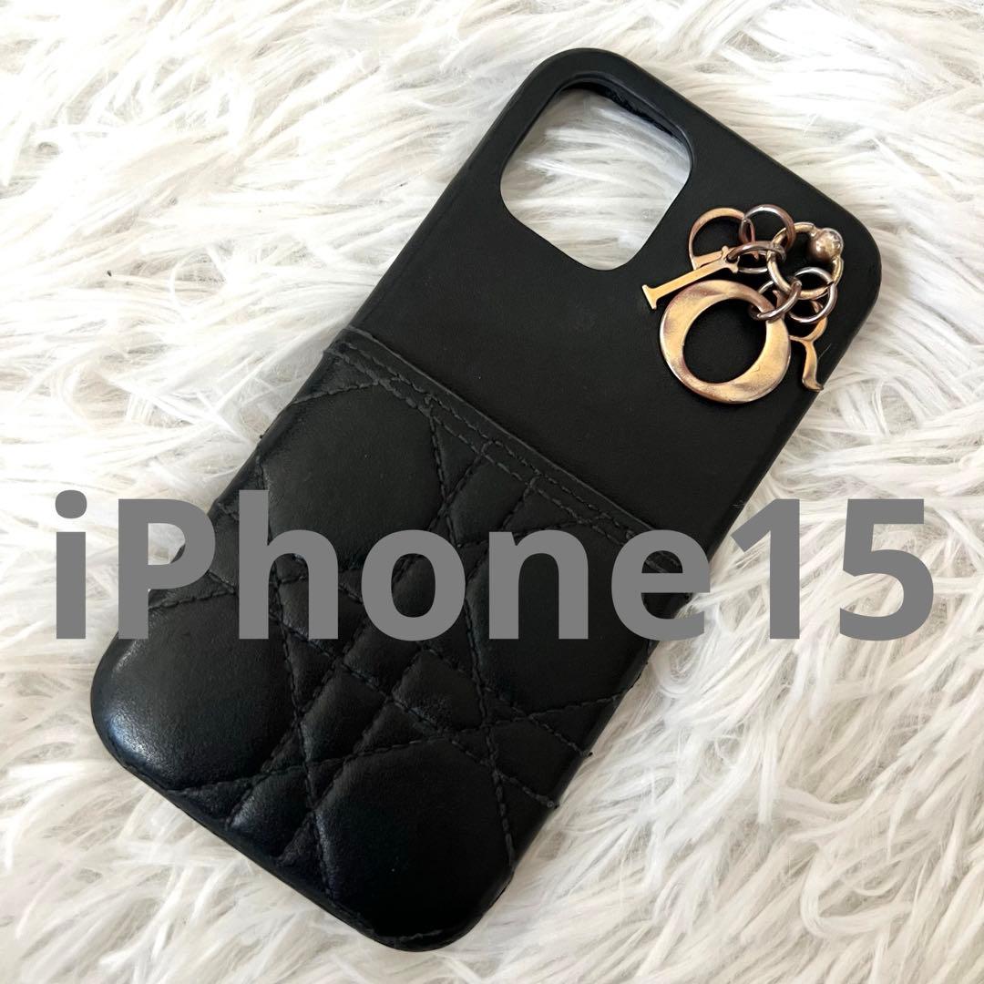 Dior ディオール iPhone15 ケース スマホ 本革 黒 カナージュ