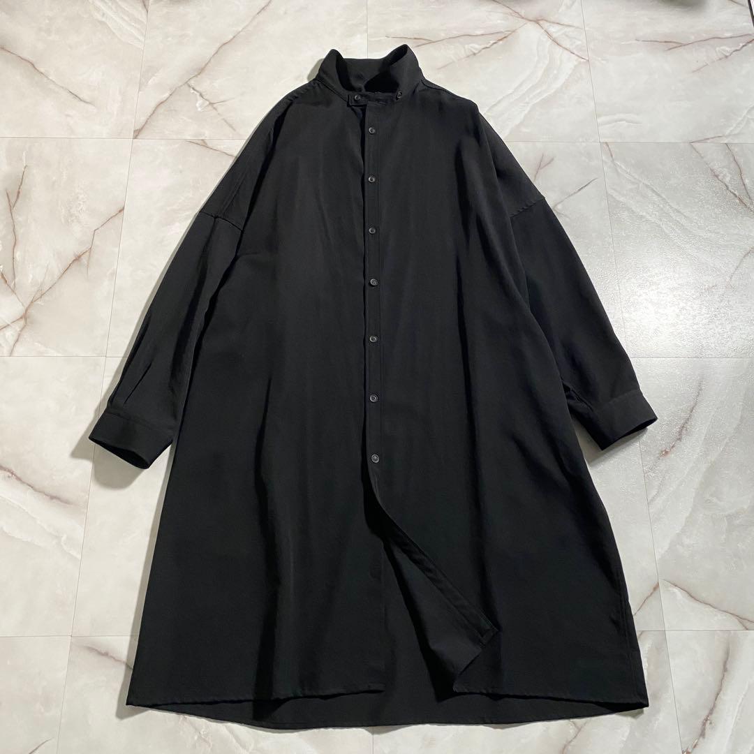 A18463 美品 ヨウジヤマモトプールオム シワギャバ立襟ロングシャツ 黒3
