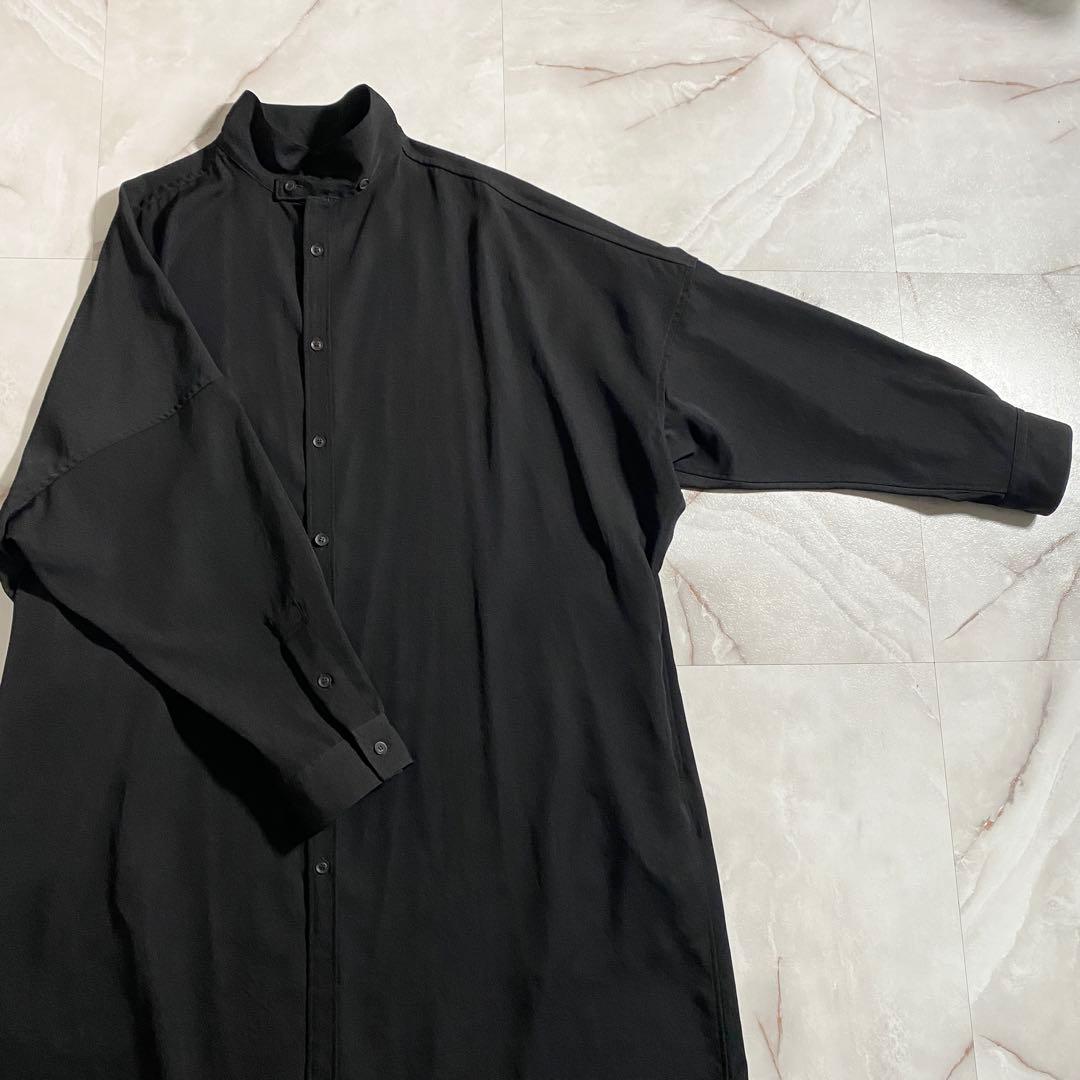 A18463 美品 ヨウジヤマモトプールオム シワギャバ立襟ロングシャツ 黒3