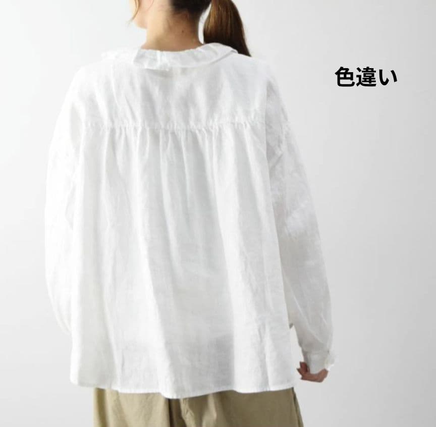 ツムグ／立体フリル リネンブラウス ライトブルー サックス 長袖 フリルシャツ