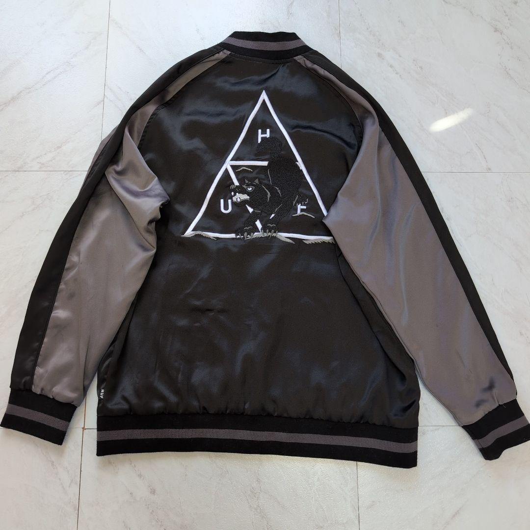 HUF スカジャン 刺繍 ボンバージャケット バイカラー ブラック XL