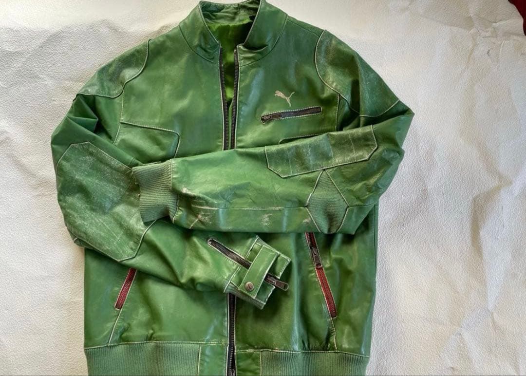 Puma グリーン シングルライダースジャケット