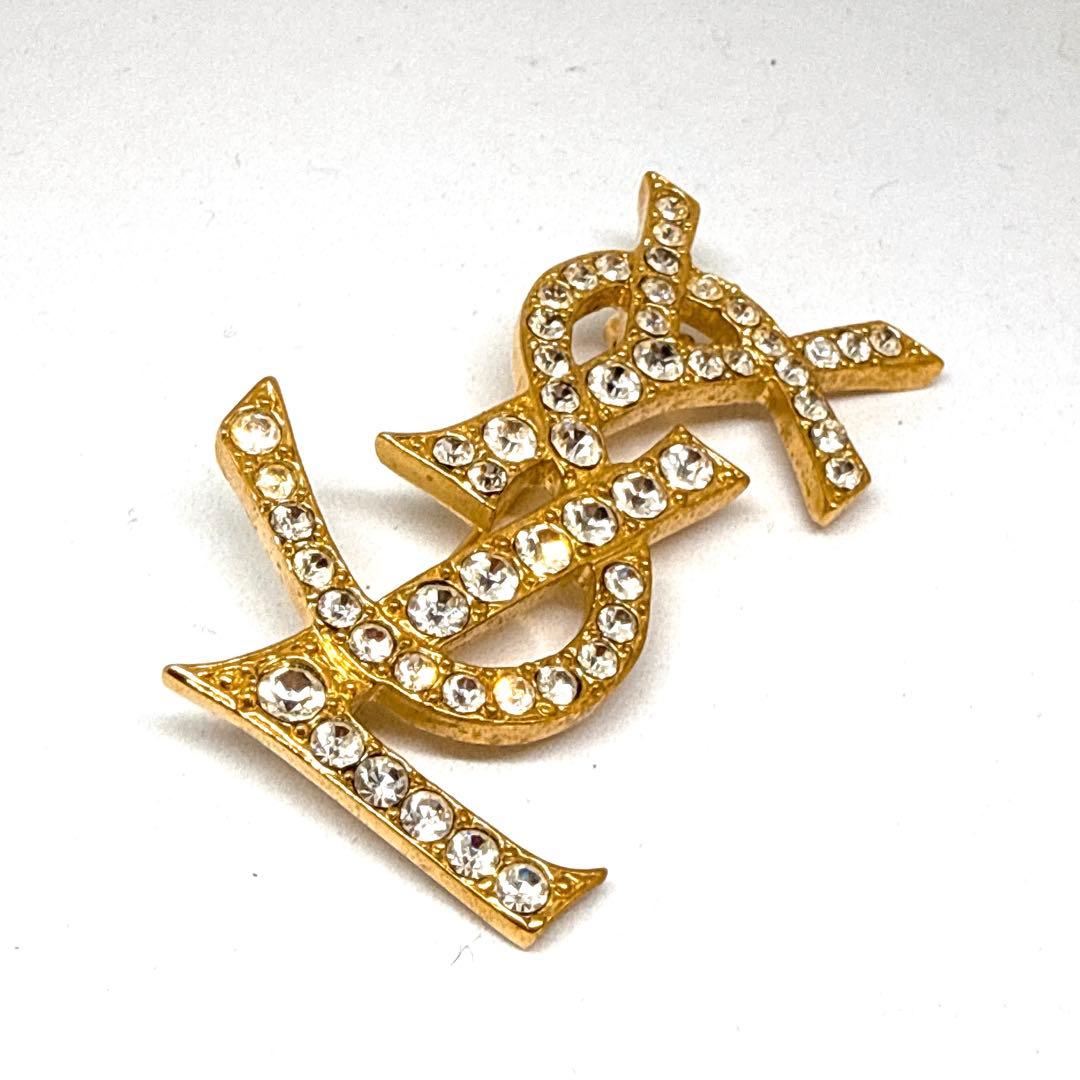 極美品✨ イヴサンローラン ブローチ YSLロゴ ラインストーン ゴールド