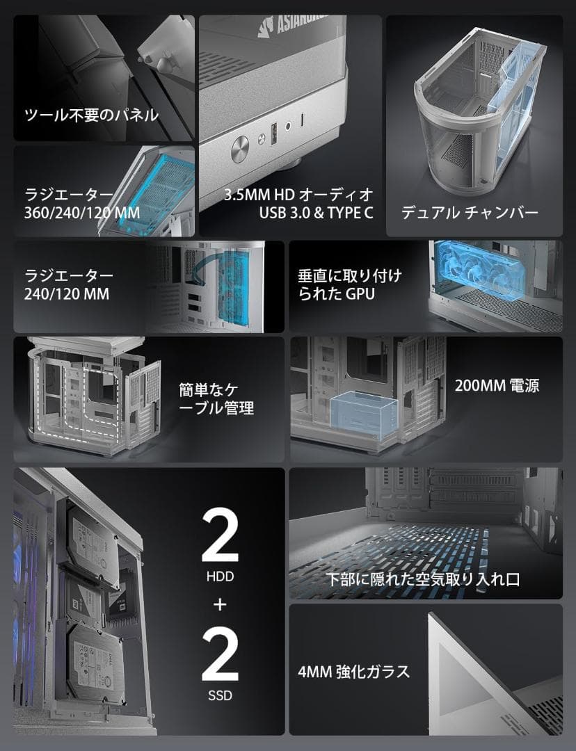 AsiaHorse ATX PCケース ミドルタワー デュアルチャンバー RTX
