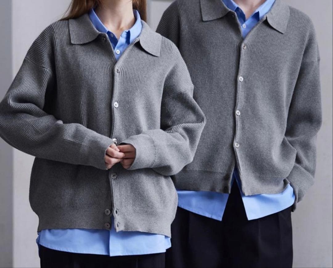 【CLEL】新品未開封ベーシックスプレー畦編みニットシャツカーディガン　杢グレー