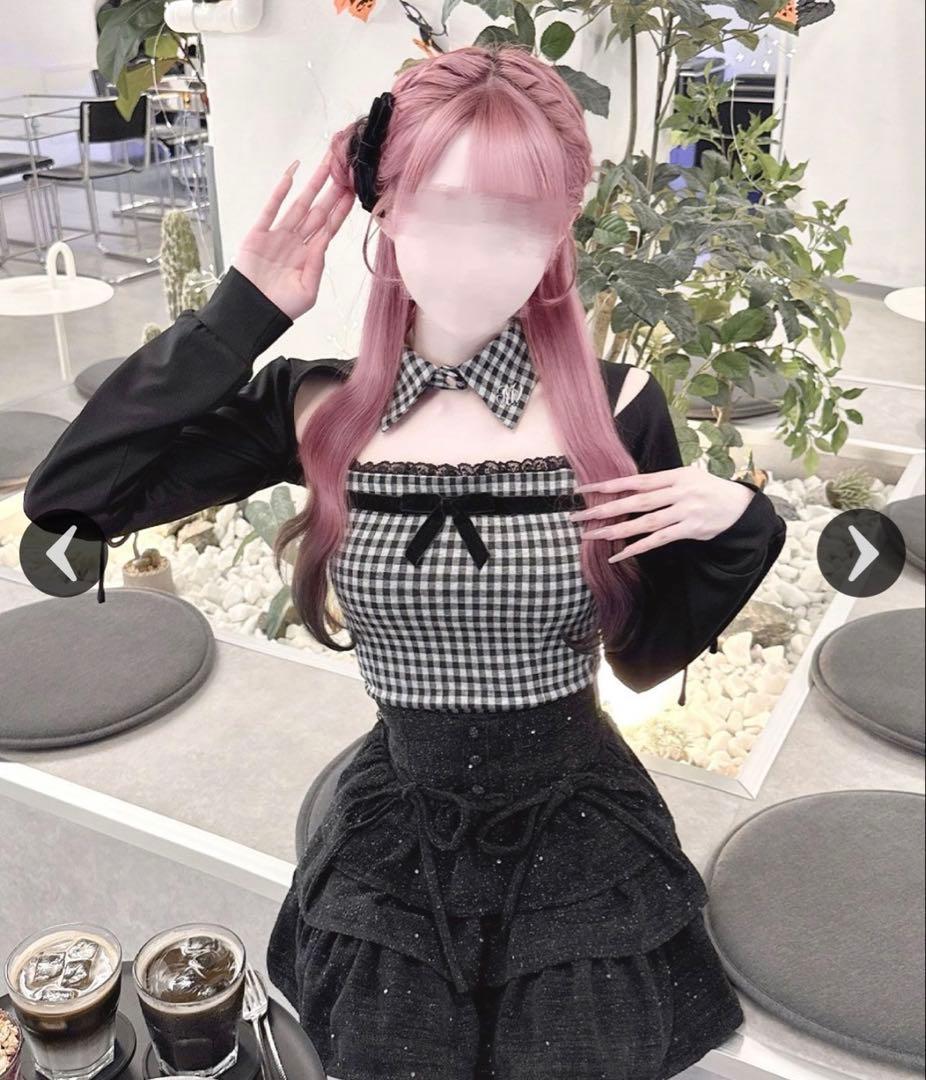 HONEY MEW リボンスリットギンガムアンサンブルトップス　Sサイズ