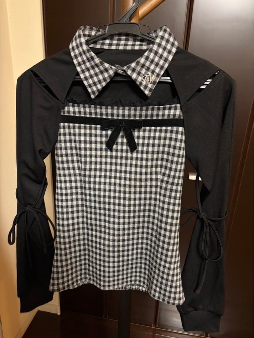 HONEY MEW リボンスリットギンガムアンサンブルトップス　Sサイズ