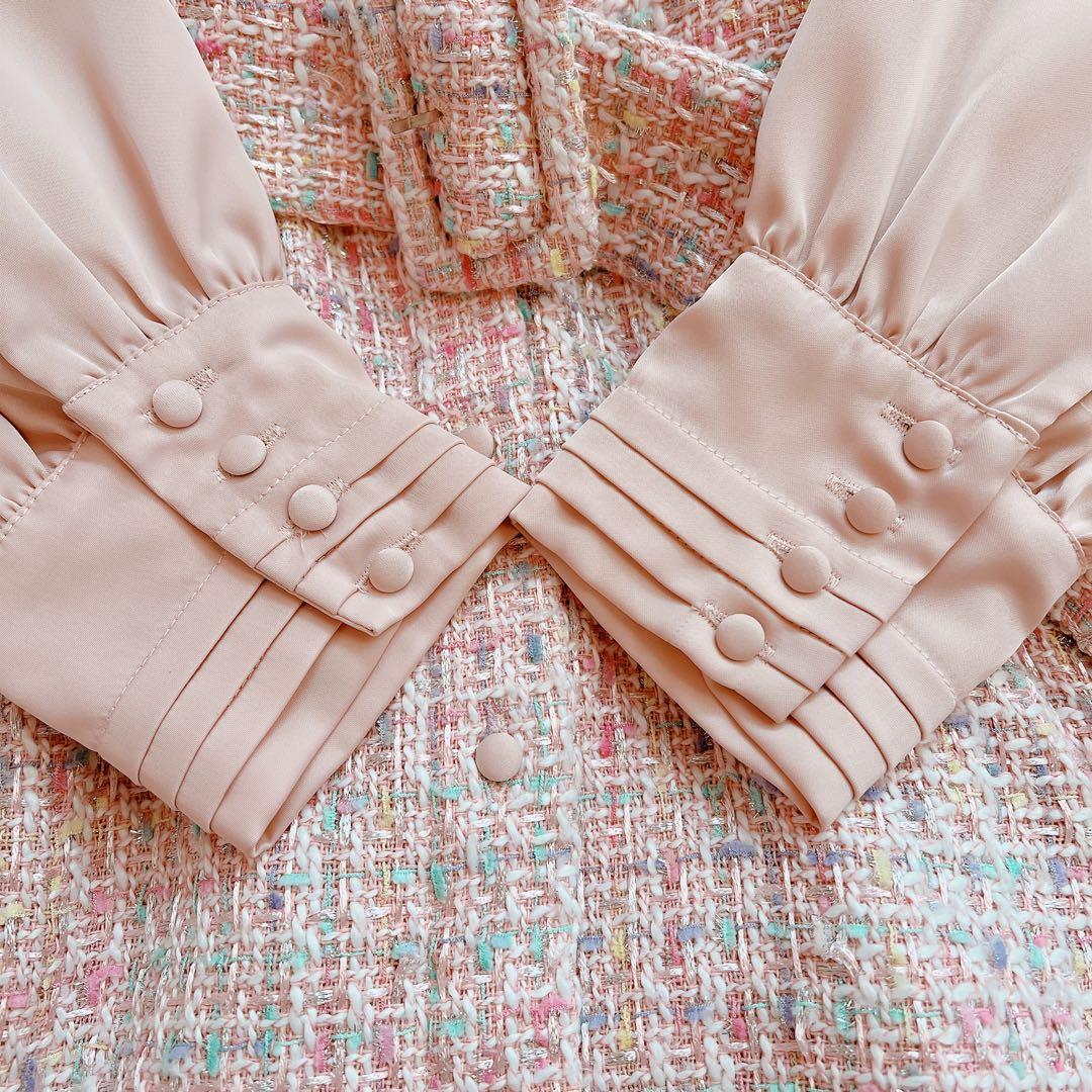 areeam ピンク系ミックスツイード長袖マキシワンピース　異素材　ベルト付き