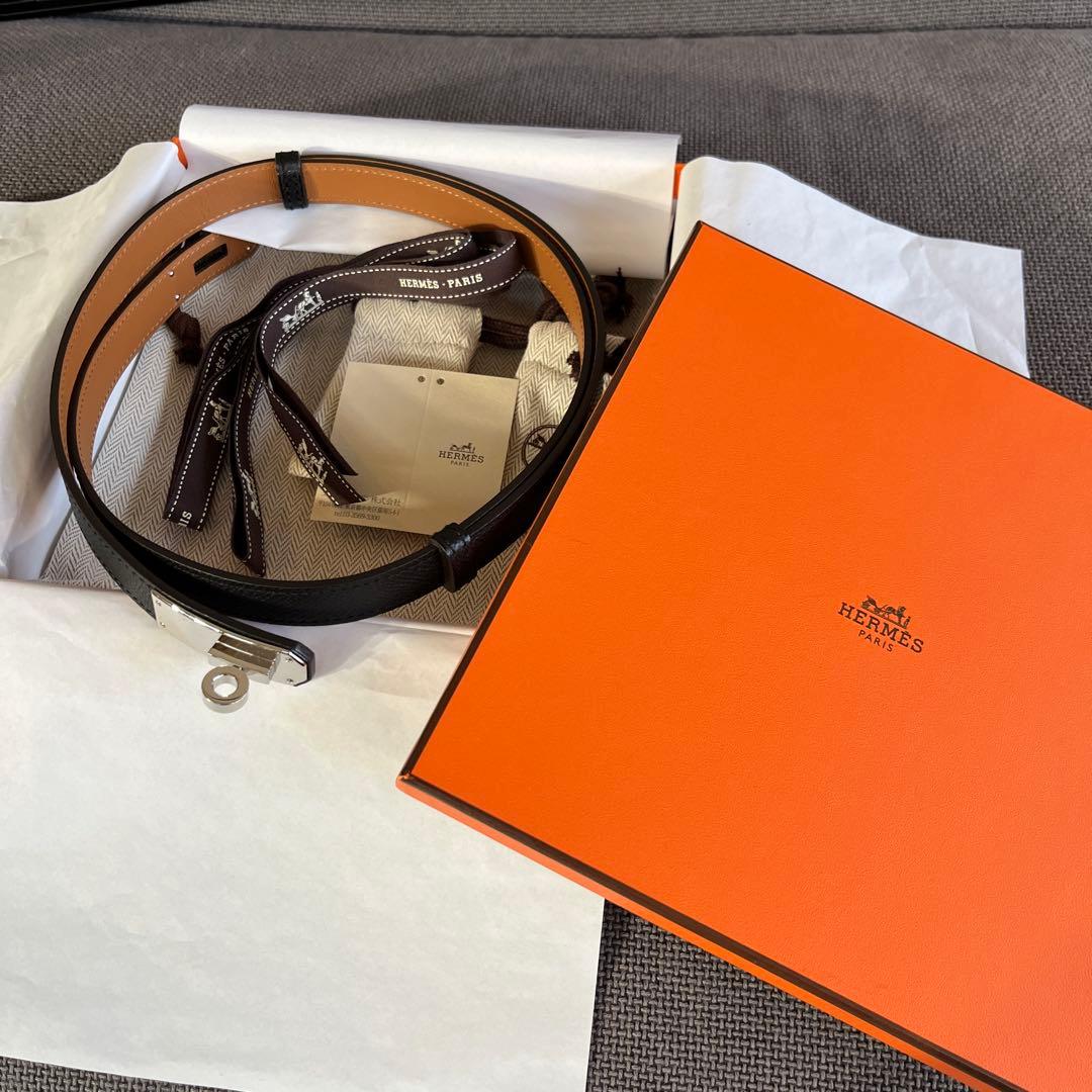 美品　エルメス　ケリーベルト　ノアール×シルバー　B刻印