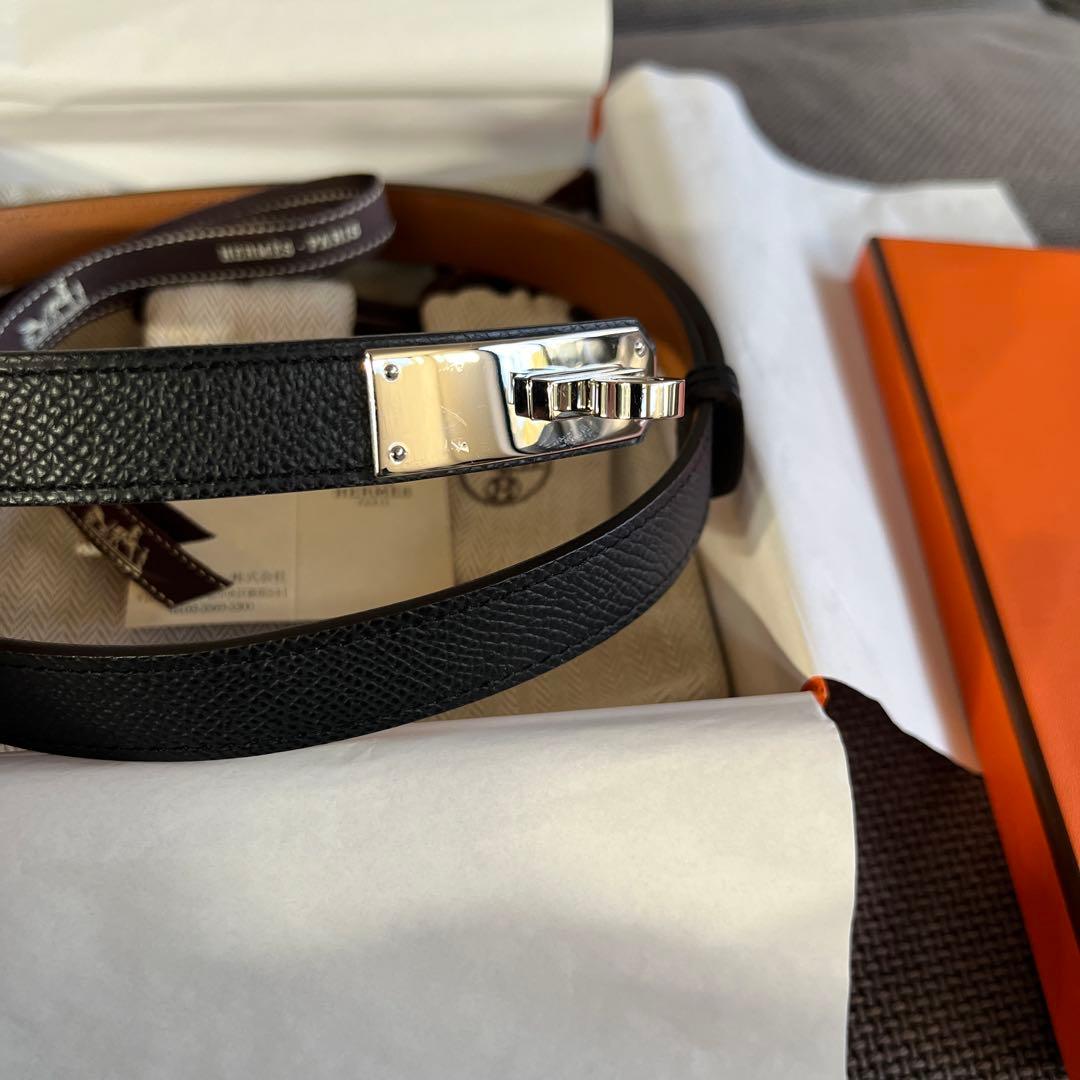 美品　エルメス　ケリーベルト　ノアール×シルバー　B刻印