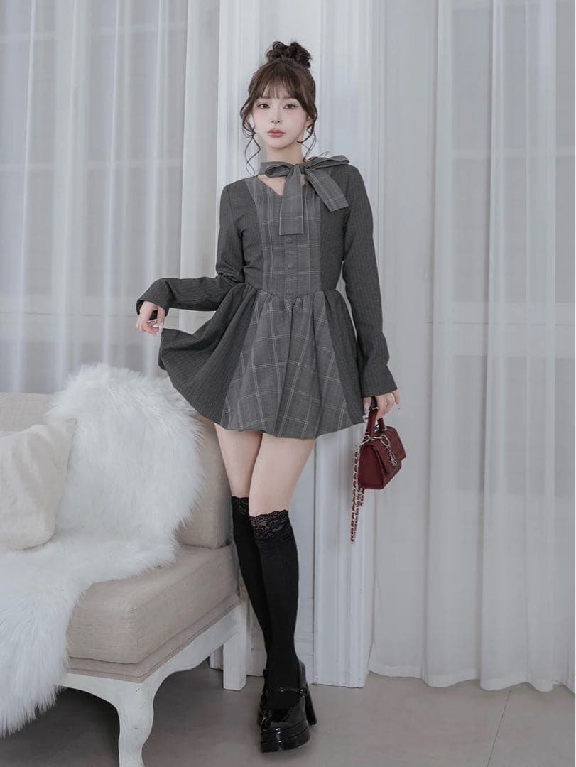 チェックストライプバルーンミニワンピース　FL GRY ノベルティーミラーつき