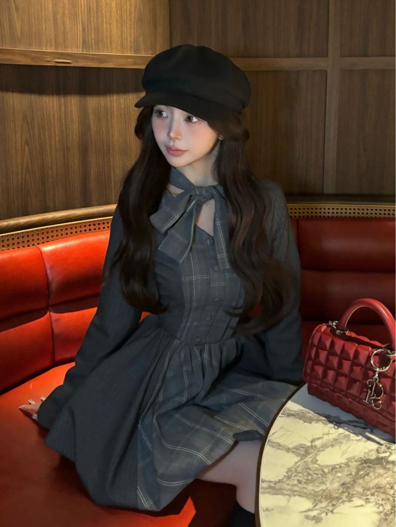 チェックストライプバルーンミニワンピース　FL GRY ノベルティーミラーつき