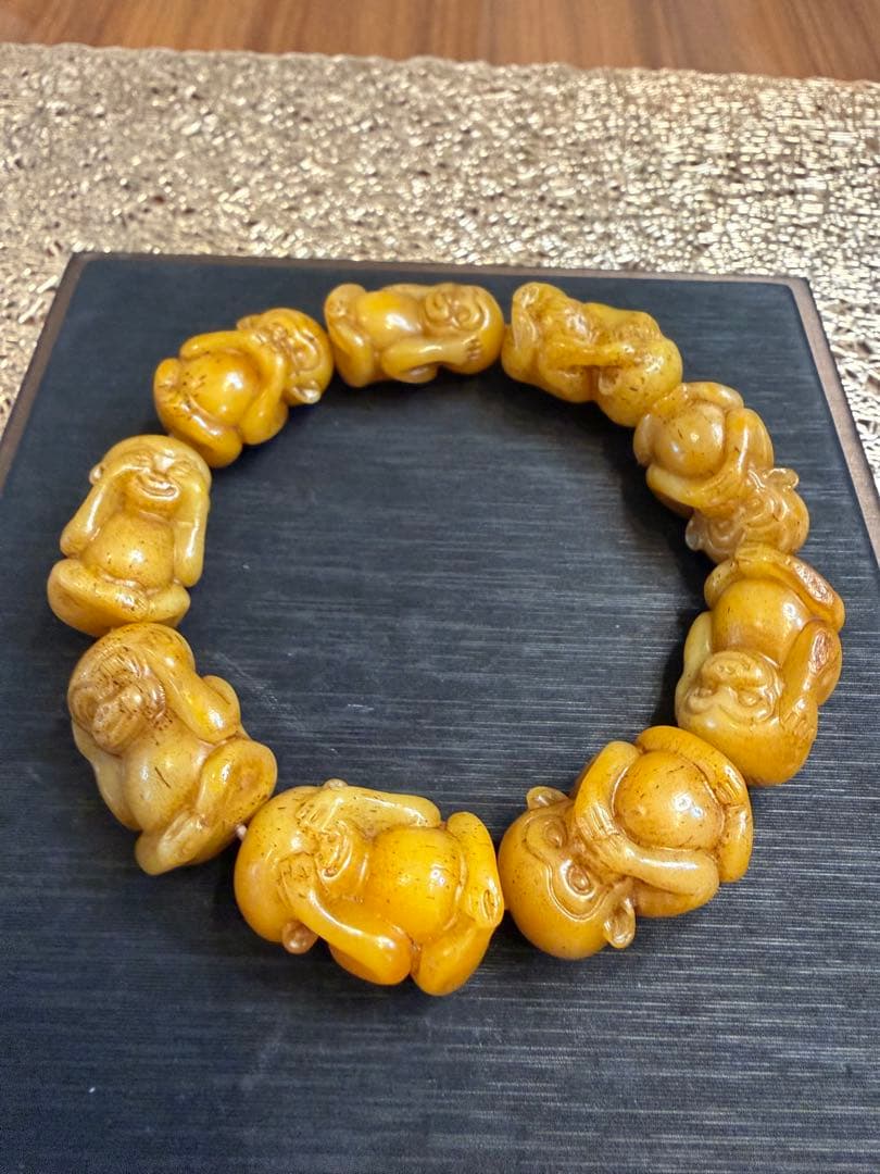 V-1065-3 文玩　天然ラクダ骨　猿彫り　ブレスレット　開運　お守り　魔除け