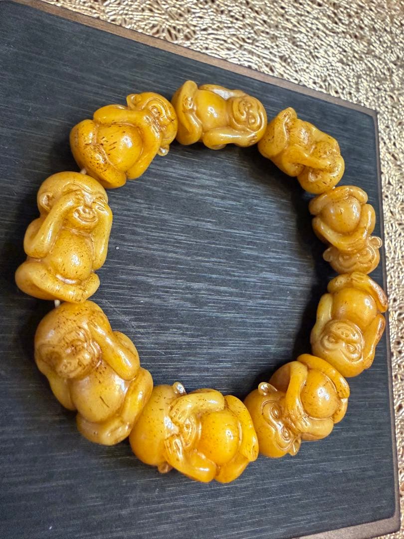 V-1065-3 文玩　天然ラクダ骨　猿彫り　ブレスレット　開運　お守り　魔除け