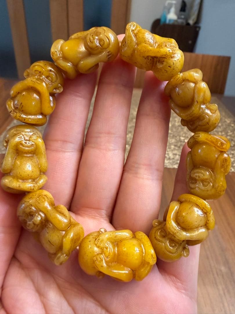 V-1065-3 文玩　天然ラクダ骨　猿彫り　ブレスレット　開運　お守り　魔除け