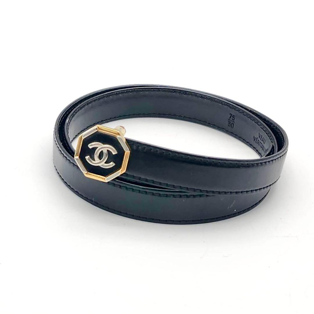 シャネル ココマーク　ベルト　ブラック　レザー　ゴールド　シルバー　レディース