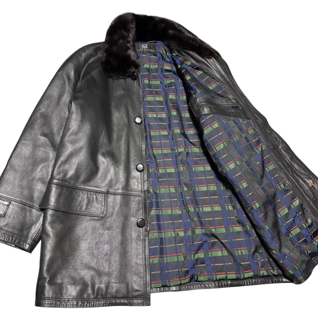 【PIERRE BALMAIN】ラムレザーロングコート 日本製 ファー 黒 L