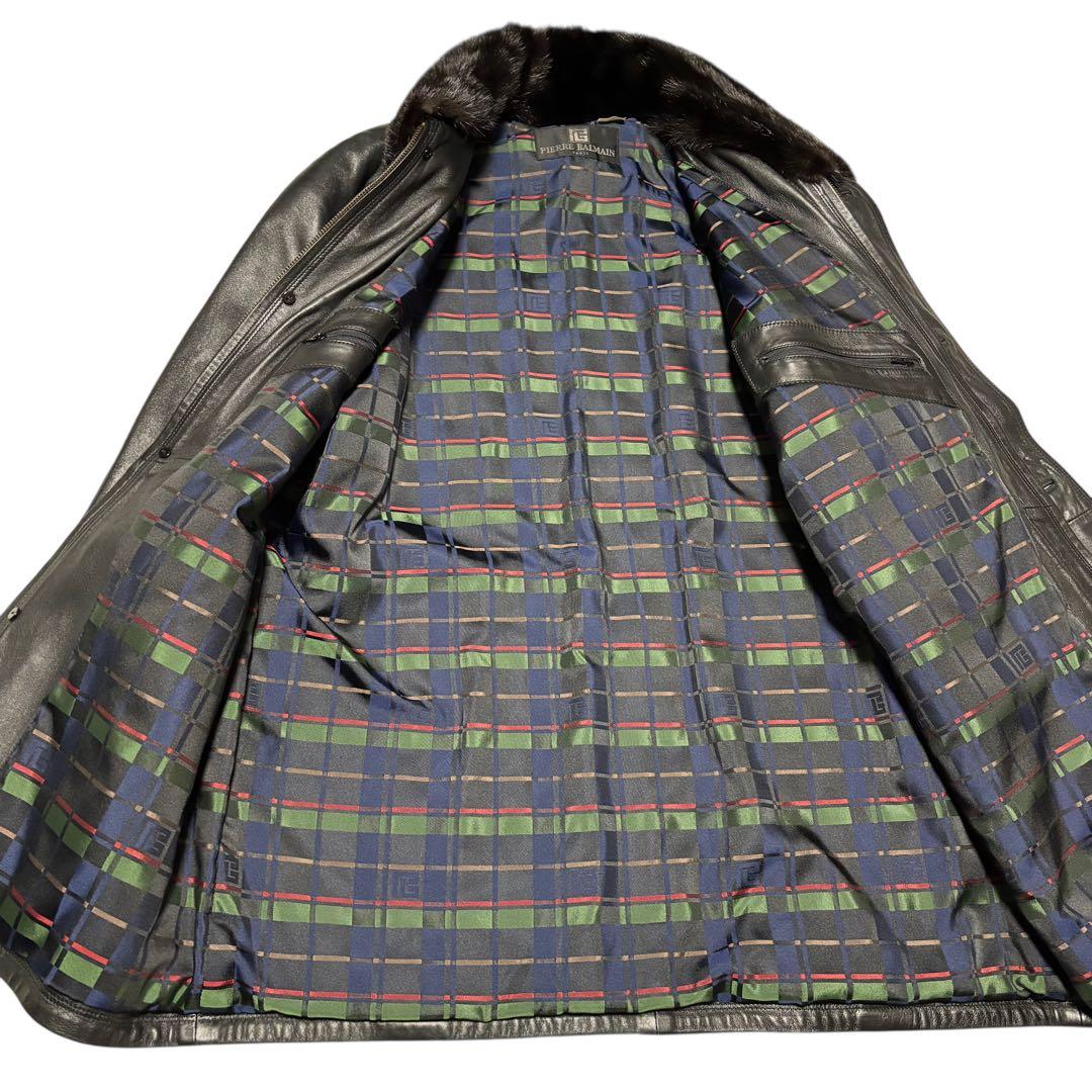 【PIERRE BALMAIN】ラムレザーロングコート 日本製 ファー 黒 L