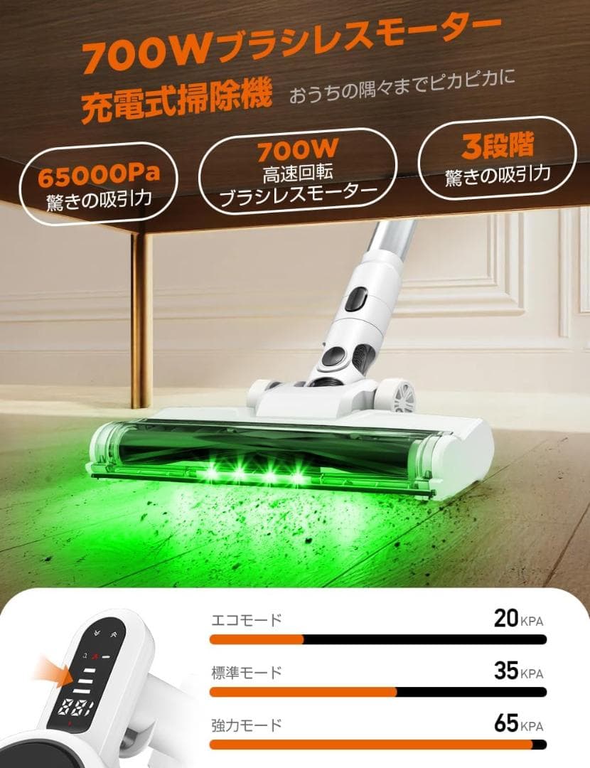 コードレス掃除機 スティック型 超強力65KPa 60分連続 軽量 スタンド付