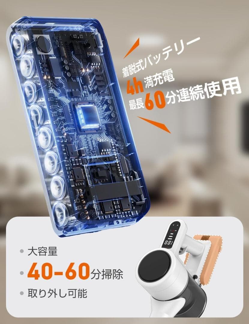 コードレス掃除機 スティック型 超強力65KPa 60分連続 軽量 スタンド付