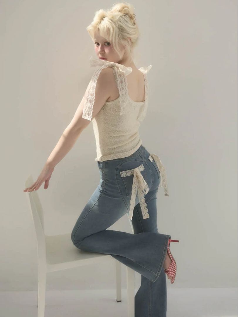 新品ANDMARY Lacey ribbon heart hip denim S