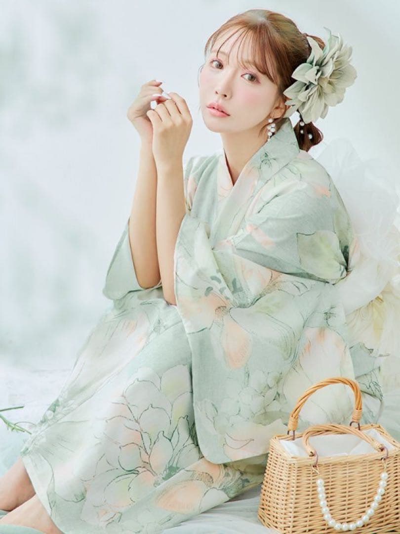 【美品】人気　JEWELS 浴衣3点セット アイシーミントフラワー 帯 下駄