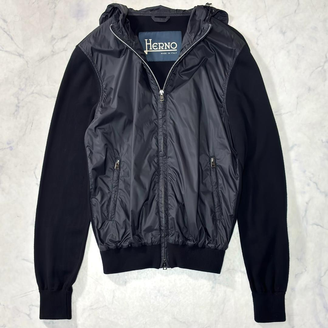 美品 ヘルノ ハイブリッドナイロンジャケット ニット切替 紺 46 tt1