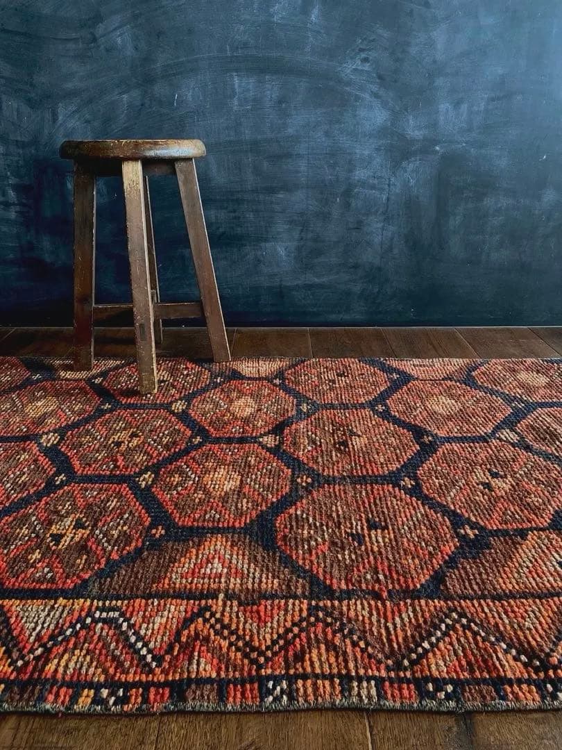 オレンジブラック　超ロングランナーラグ　ヴィンテージラグ　トルコラグ