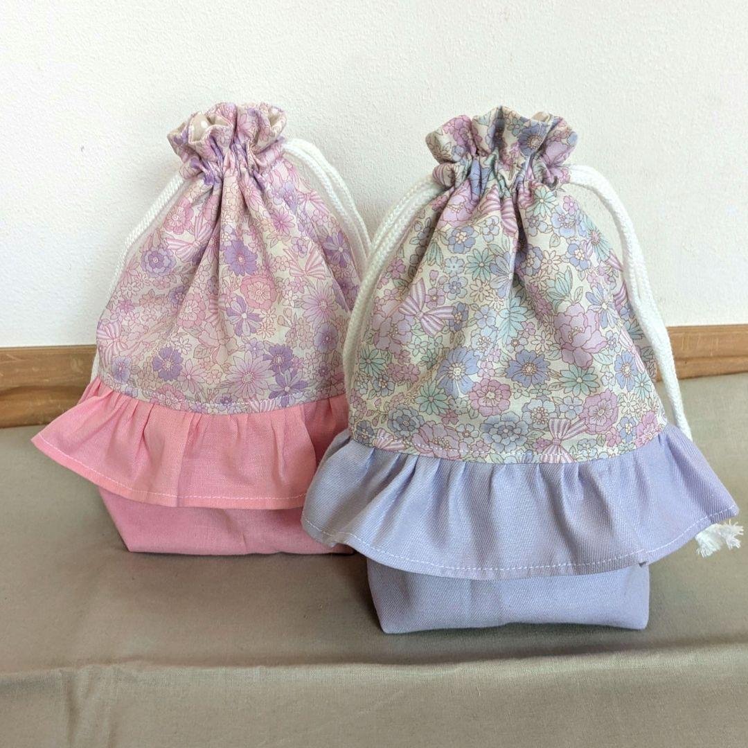 紫　大きなフリルの小花柄レッスンバッグ　ハンドメイド