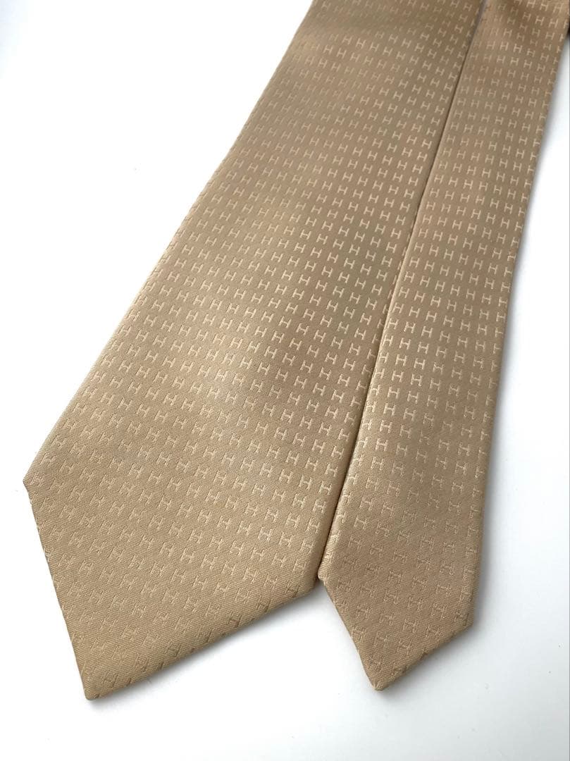 美品 エルメス ハイブランド ネクタイ ファソネ H柄 ベージュ 高級