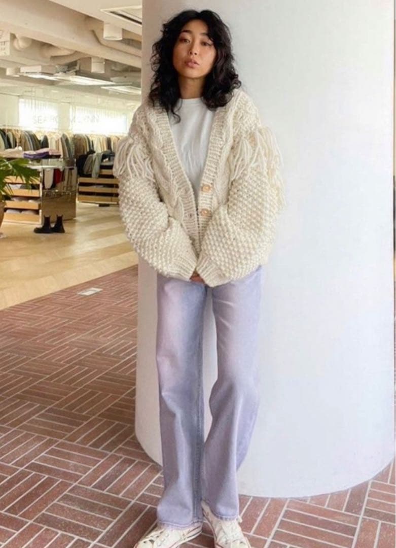 新品　Hand made Wool フリンジVネックカーデ