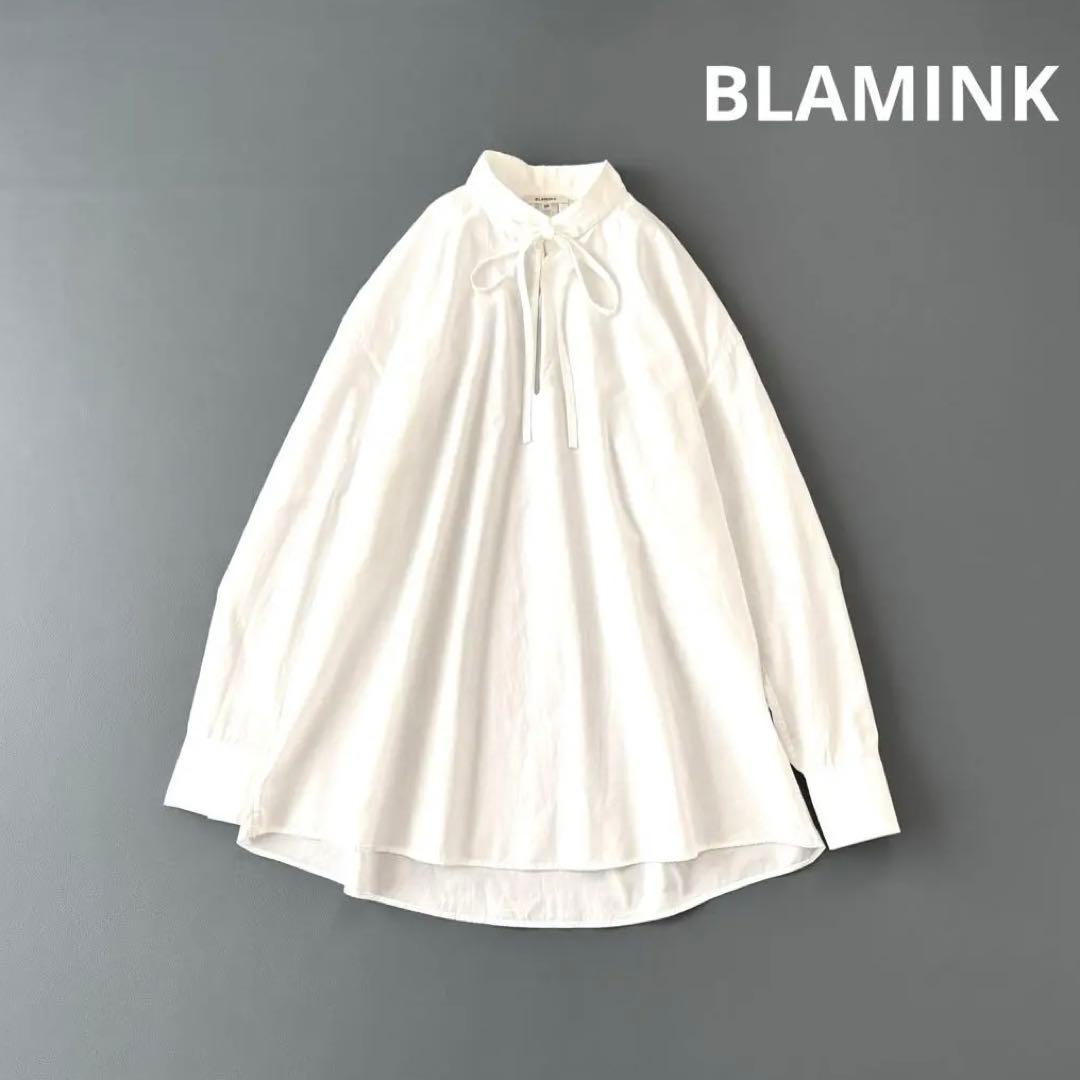 BLAMINK 定価8.2万円 ギャザースタンドカラーリボンブラウス ホワイト
