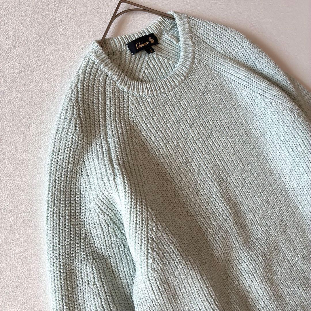 Drawer　クルーネックプルオーバーニット　7Gあぜ編み　コットンシルク