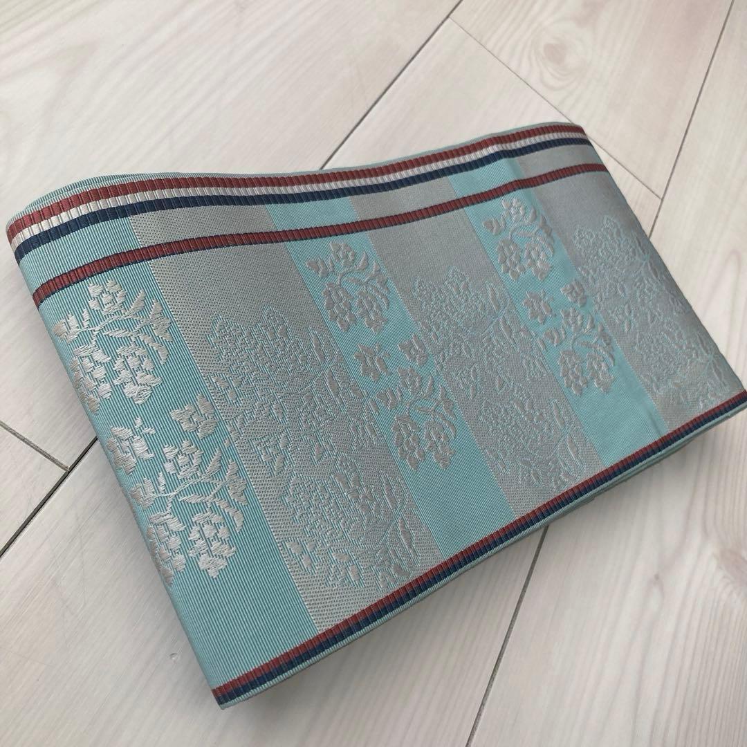 本場筑前博多織　半幅帯　ブルーグレー　織り出し花模様・縞模様　正絹　No2.22
