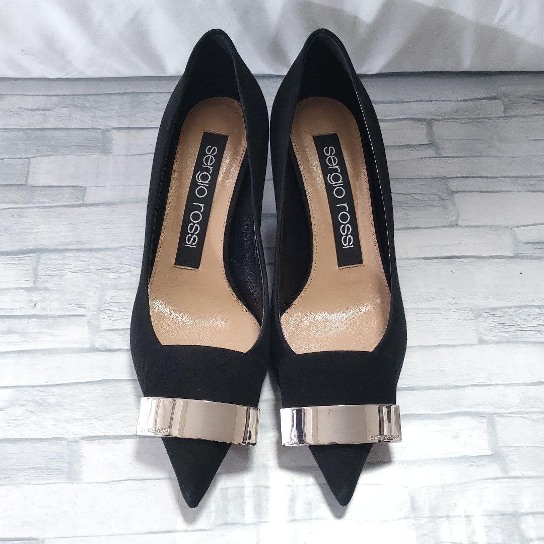 極美品✨セルジオロッシ　sr1　スウェードパンプス　プレート　黒×シルバー　35