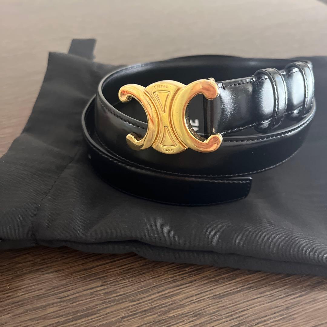 CELINE ブラックレザーベルト ゴールドバックル90cm