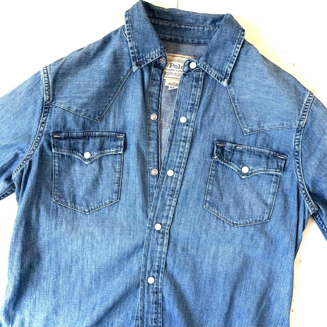 美品　ポロラルフローレン　ウエスタンデニムシャツ　パールボタン　ライトブルー
