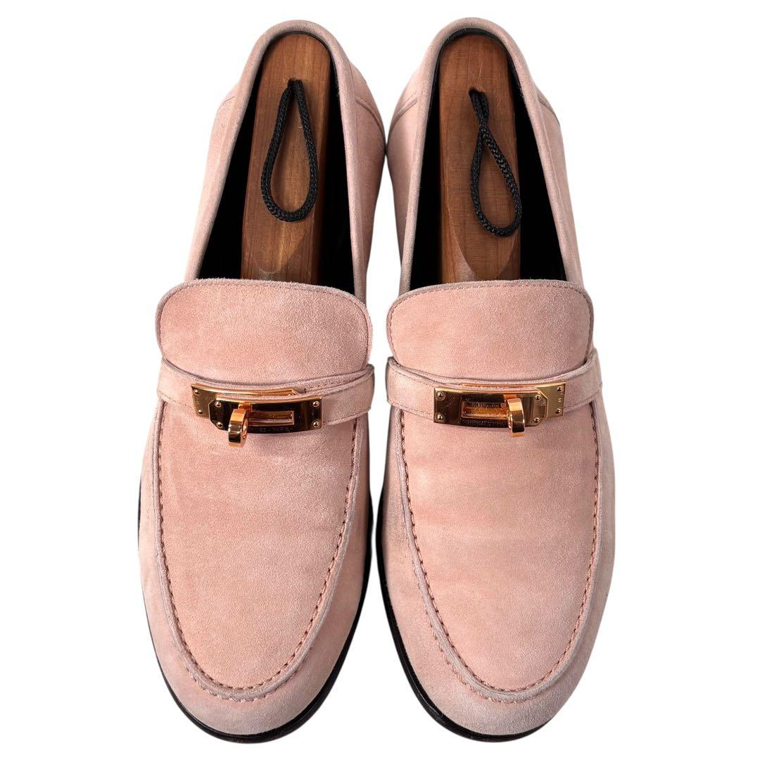 エルメス 36 23 ケリー金具 ローファー スエード ピンク ベージュ